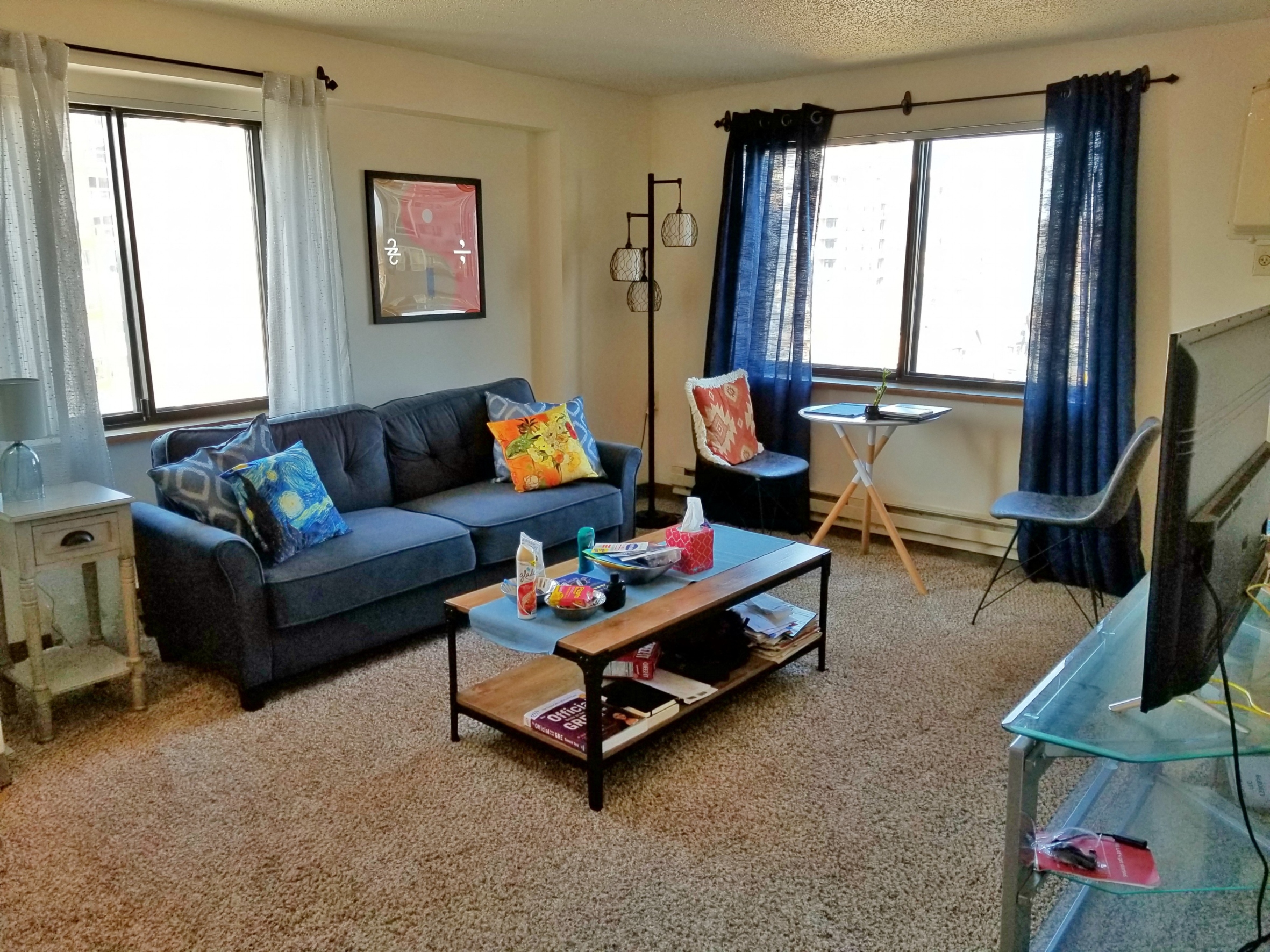 a living room with a couch and a coffee table